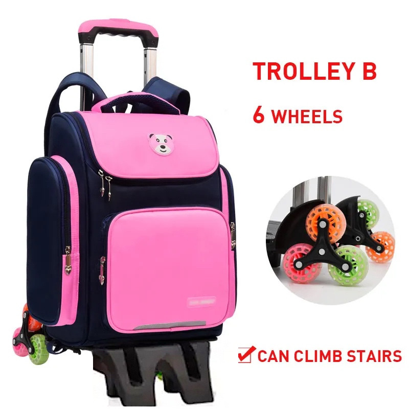 Waterproof 6 Wheel Trolley Backpack Adjustable Handle School Bag Pink